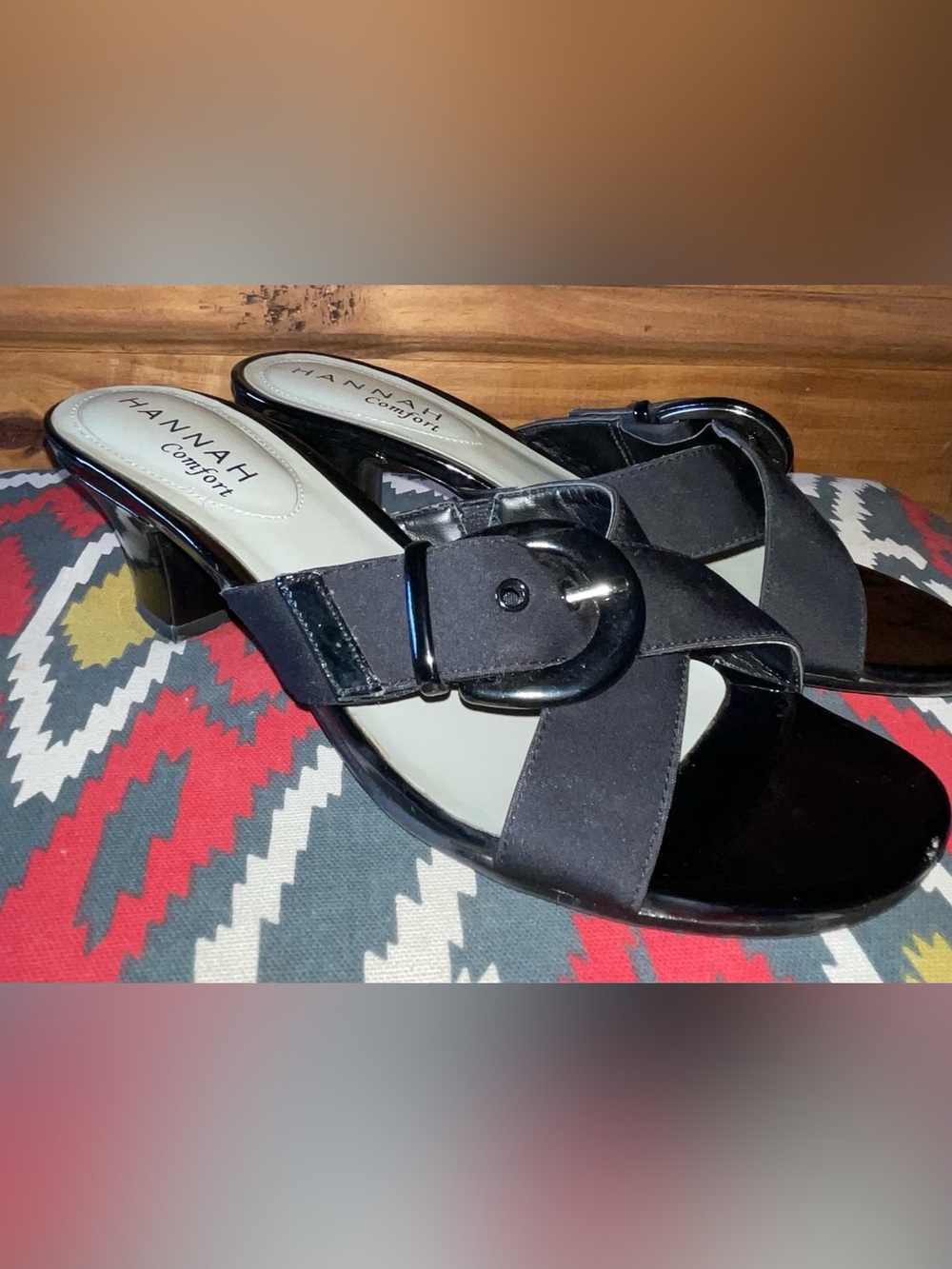Hannah Black Patent and Satin Mid-Heel Slide Sandals